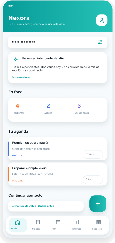 Pantalla de inicio de Nexora con el resumen inteligente del día, las tarjetas de foco y la agenda.