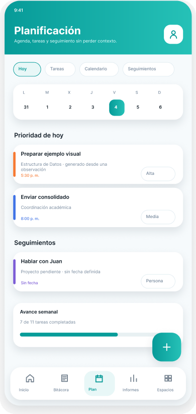 Planificación: agenda con eventos y tareas organizadas por fecha.