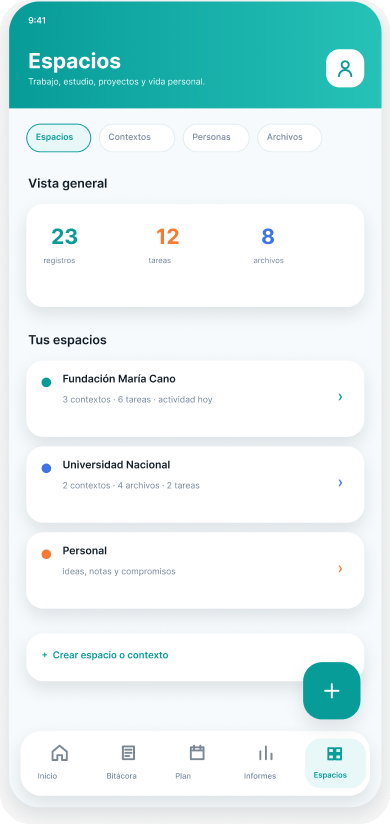 Espacios: lista de espacios con sus contextos, tareas y archivos.