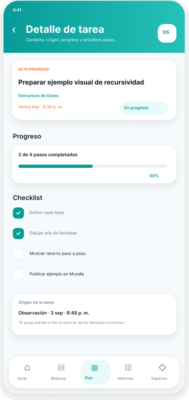 Detalle de una tarea con estado, prioridad, fecha y etiquetas.